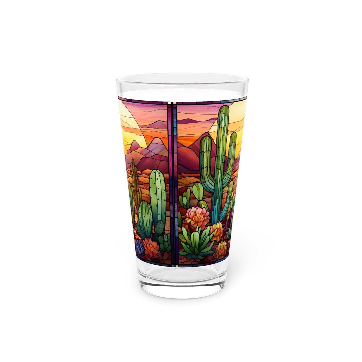 Desert Cactus Bloom: A Stained Glass Tribute to Cacti 16oz Pint Glass Gift idea gifts for home decor housewarming gift