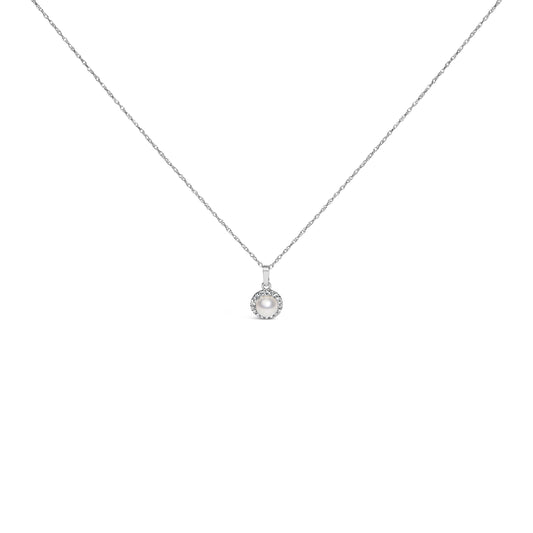 10K White Gold 5MM Cultured Pearl and Diamond Accent Halo Pendant Necklace