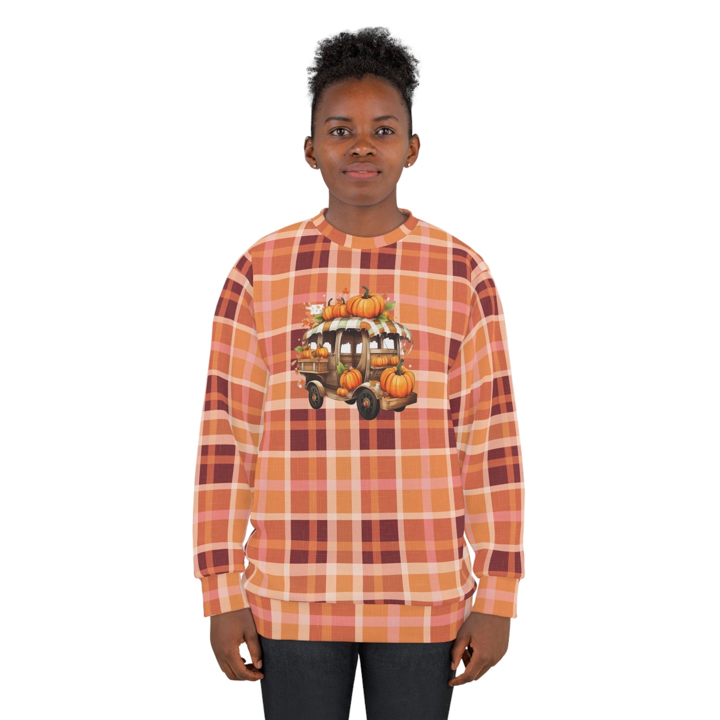 Vintage Mobile Stand and Pumpkins Plaid Unisex Fall Sweatshirt (AOP) - Embrace Autumn's Cozy Charm