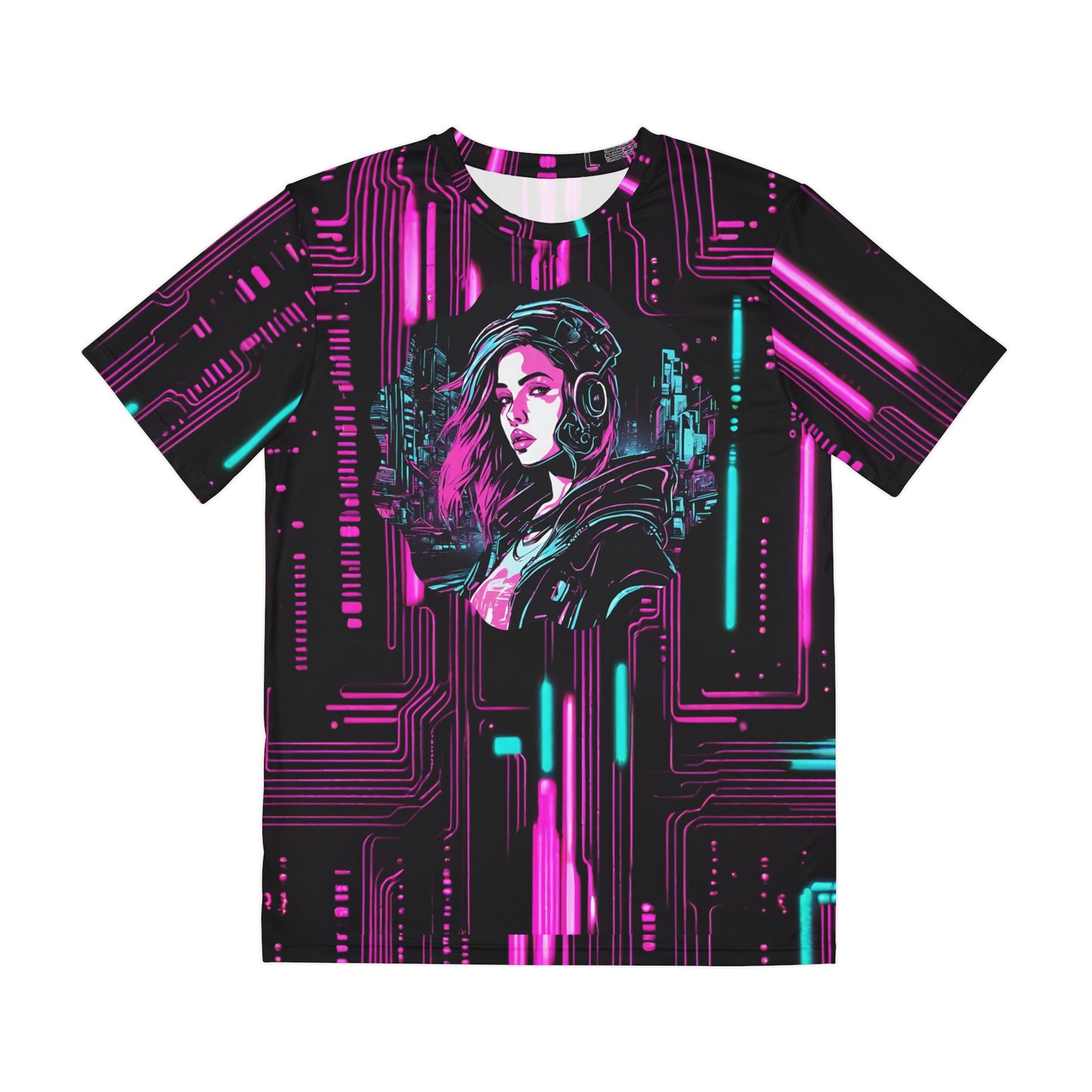 Cyberpunk Girl Men's Polyester AOP Tee - Neon Lights & 3D Circuit Board Design