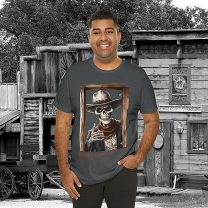 Spooky Saloon Showdown Gunslinging Skeleton Cowboy Halloween Unisex Jersey Short Sleeve Tee