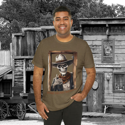 Spooky Saloon Showdown Gunslinging Skeleton Cowboy Halloween Unisex Jersey Short Sleeve Tee