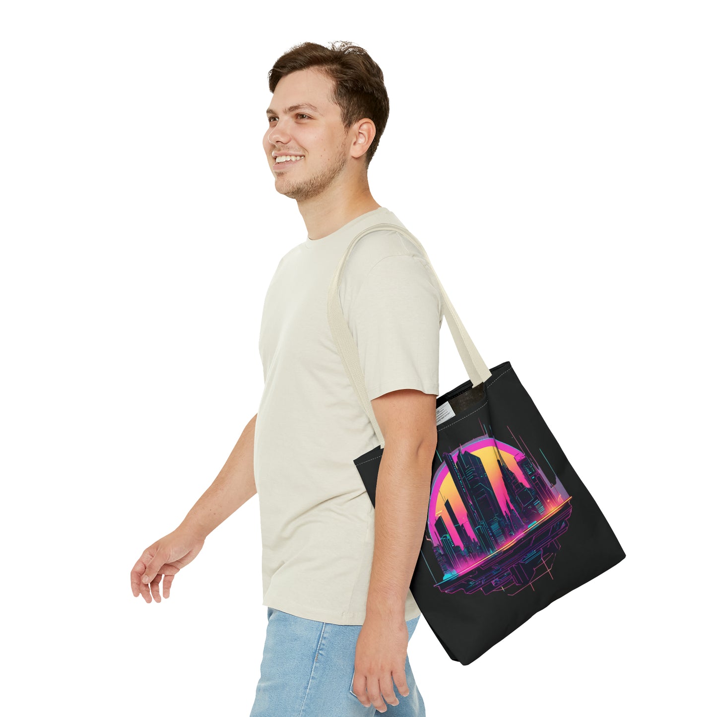 Cyberpunk City Landscape AOP Tote Bag 3 sizes 5 color handle options