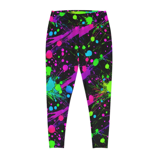 Plus Size Leggings with Green and Pink Paint Splatter (AOP) - Expressive Style for Every Body