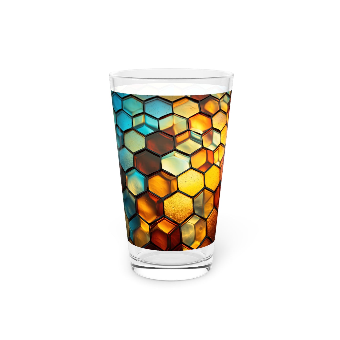 "Buzzing Beauty: A Blue and Yellow Honeycomb Stained Glass Artwork on a 16oz Pint Glass Gift idea gifts for home decor housewarming gift