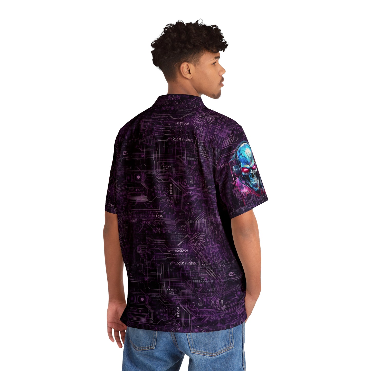 CyberPunk Cybernetic Skull breaking through a Purple Neon Circuit Board Men's Hawaiian Shirt (AOP)