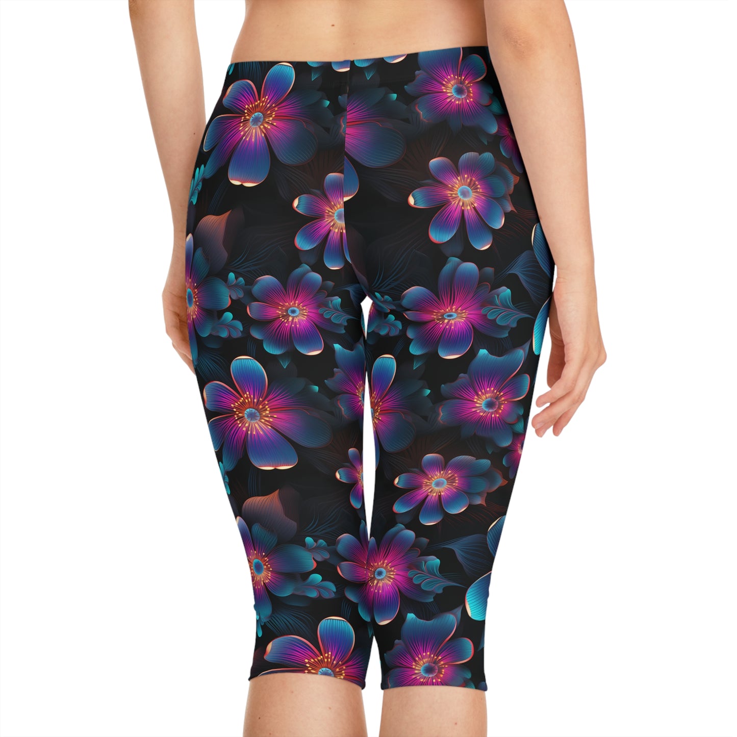 Women's Capri Leggings with Neon Flower Pattern - Vibrant AOP Activewear