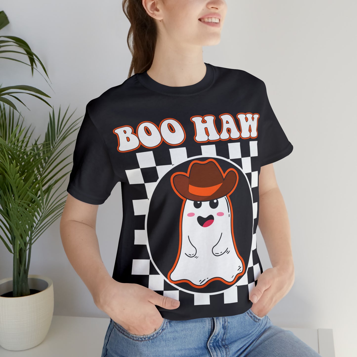 Cute Cowboy Ghost Saying Boo Haw Retro Groovy Western Halloween Unisex Jersey Short Sleeve Tee Gifts for Him Gifts For Her