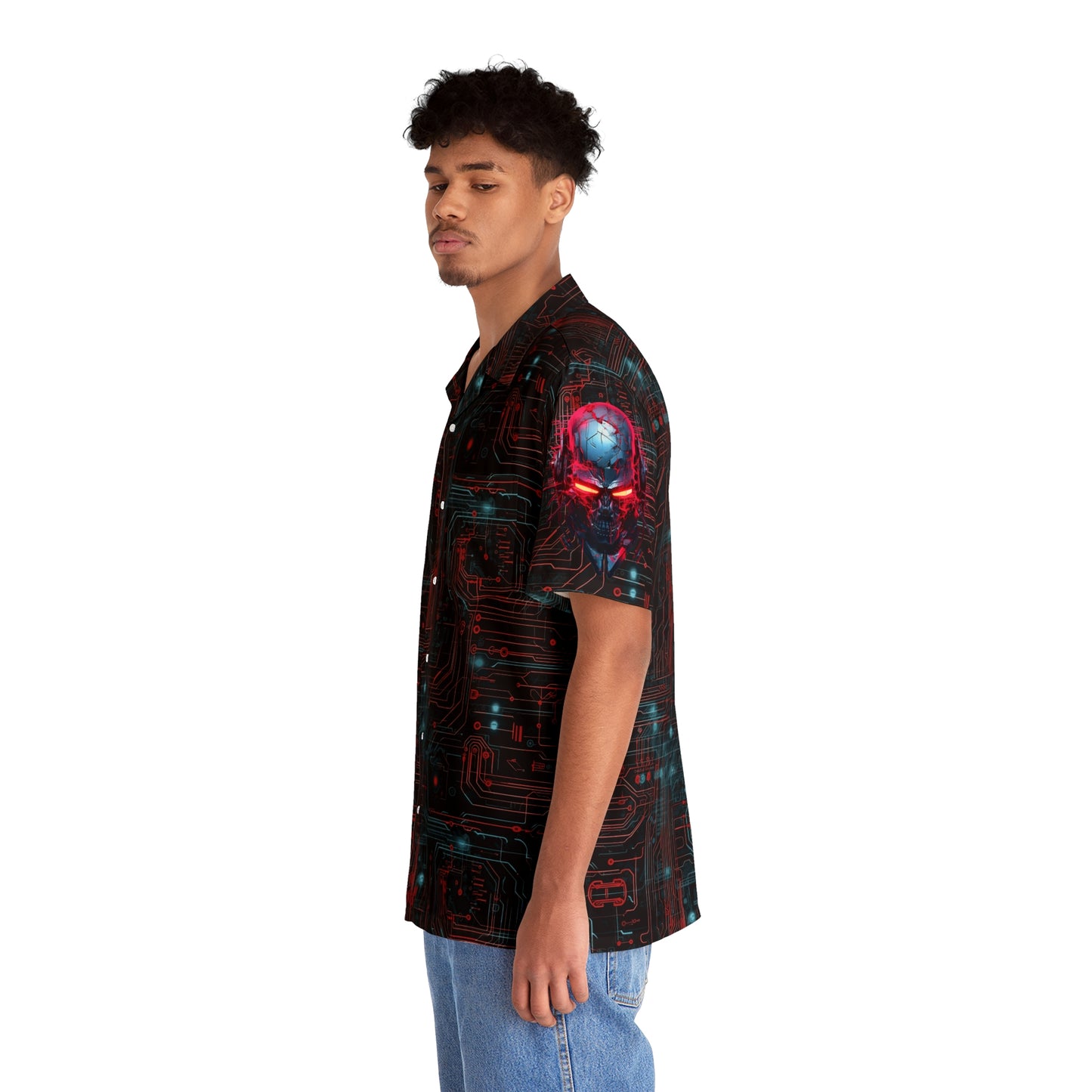 CyberPunk Cybernetic Skull breaking through a Red and Blue Neon Circuit Board Men's Hawaiian Shirt (AOP)