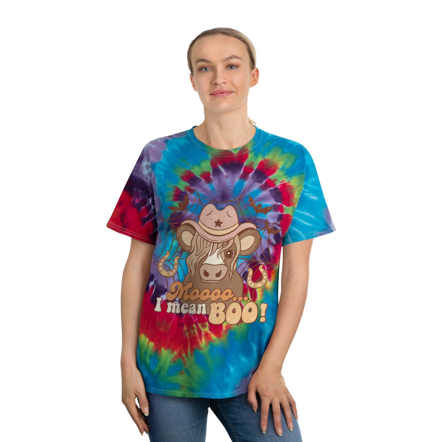 Cow saying moooo I mean boo Western Halloween Retro Tie-Dye Tee, Spiral Gifts for her Gifts for him