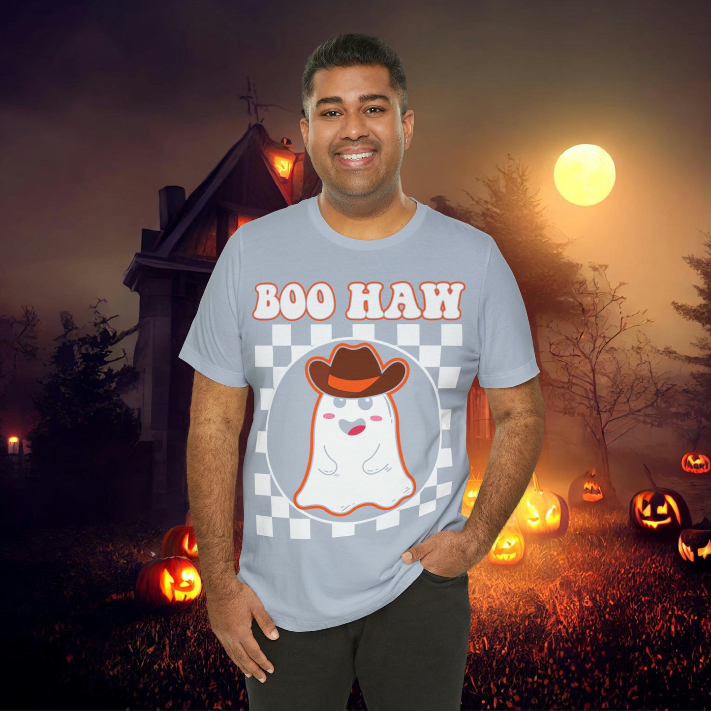 Cute Cowboy Ghost Saying Boo Haw Retro Groovy Western Halloween Unisex Jersey Short Sleeve Tee Gifts for Him Gifts For Her