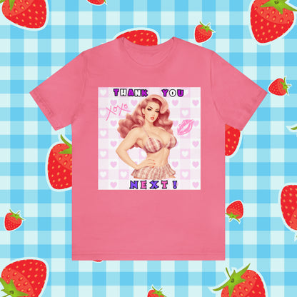 Timeless Elegance: Vintage Pink Pinup Girl "Thank You Next" on a Bella+Canva 3001 Unisex Jersey T-Shirt - A Must-Have Gift for her