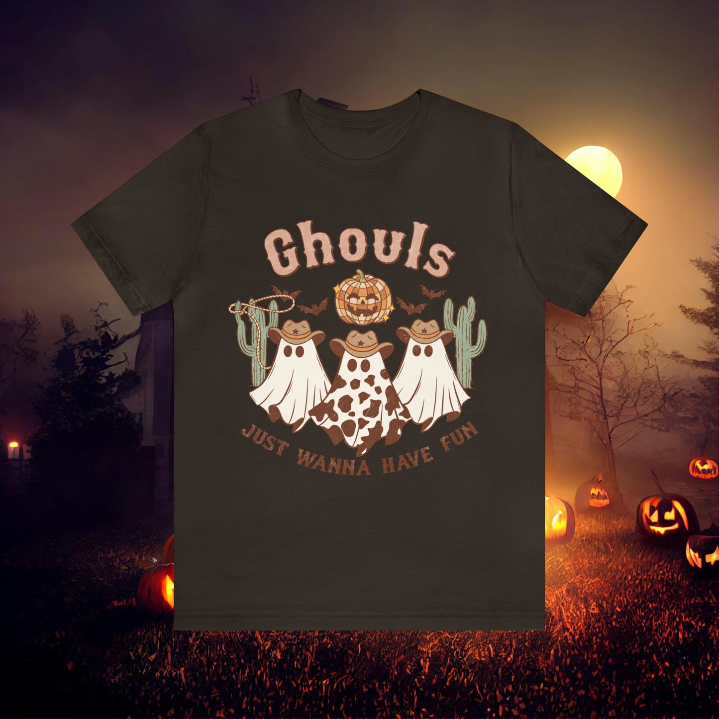 Ghouls Just wanna have fun Cowgirl Ghosts Retro Halloween Unisex Jersey Short Sleeve Tee Gifts for her