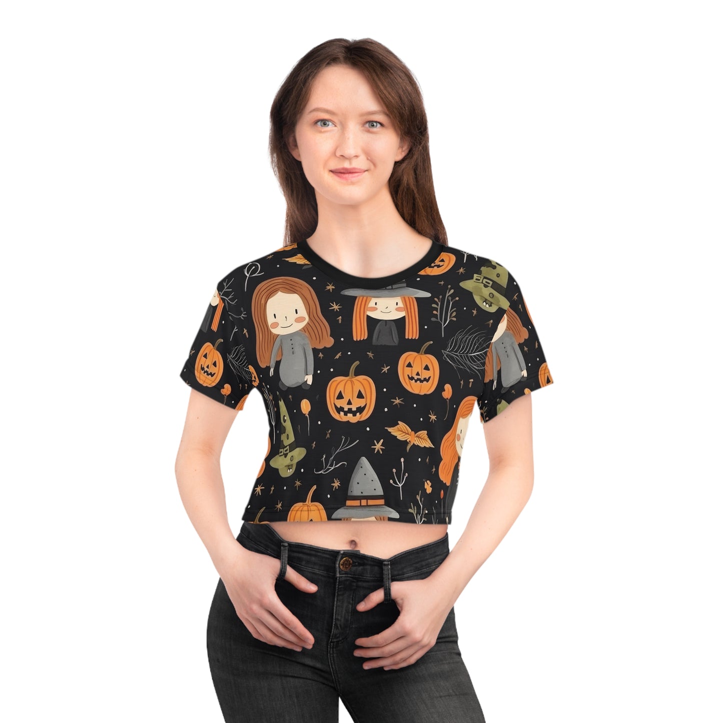 Halloween Trick or Treat Ghosts Witch Hats Jack o Lanterns Crop Tee (AOP)