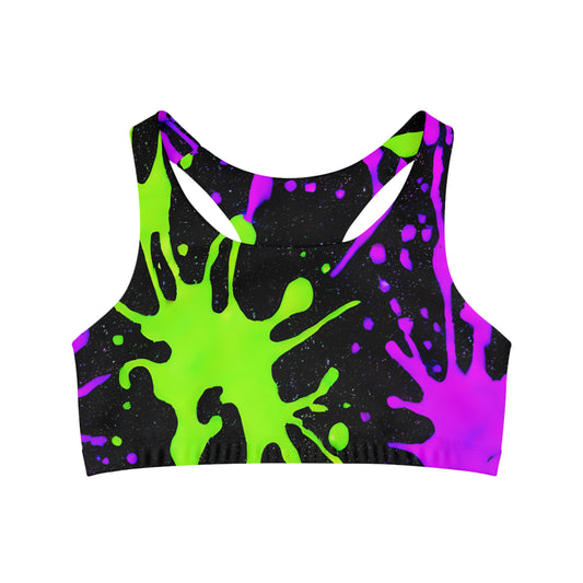 Seamless Sports Bra with Green and Pink Paint Splatter - Stylish Support for Your Active Lifestyle