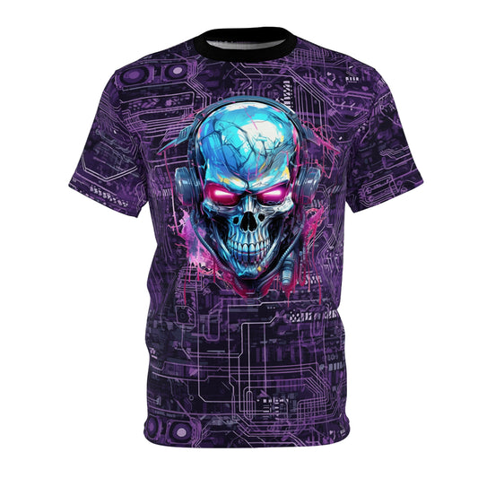 CyberPunk Cybernetic Skull breaking through a Purple Neon Circuit Board Unisex Cut & Sew Tee (AOP) Gifts for Her Gifts For Him