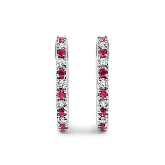 10K White Gold Alternating Diamond and Red Ruby Huggy Hoop Earrings (I-J Color, I1-I2 Clarity)