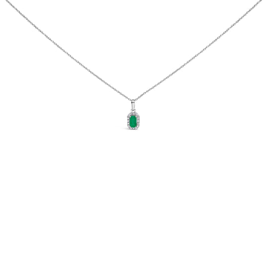 10K White Gold 5x3mm Green Emerald and Diamond Accent Halo Octagonal Shape 18" Pendant Necklace (I-J Color, I1-I2 Clarity)