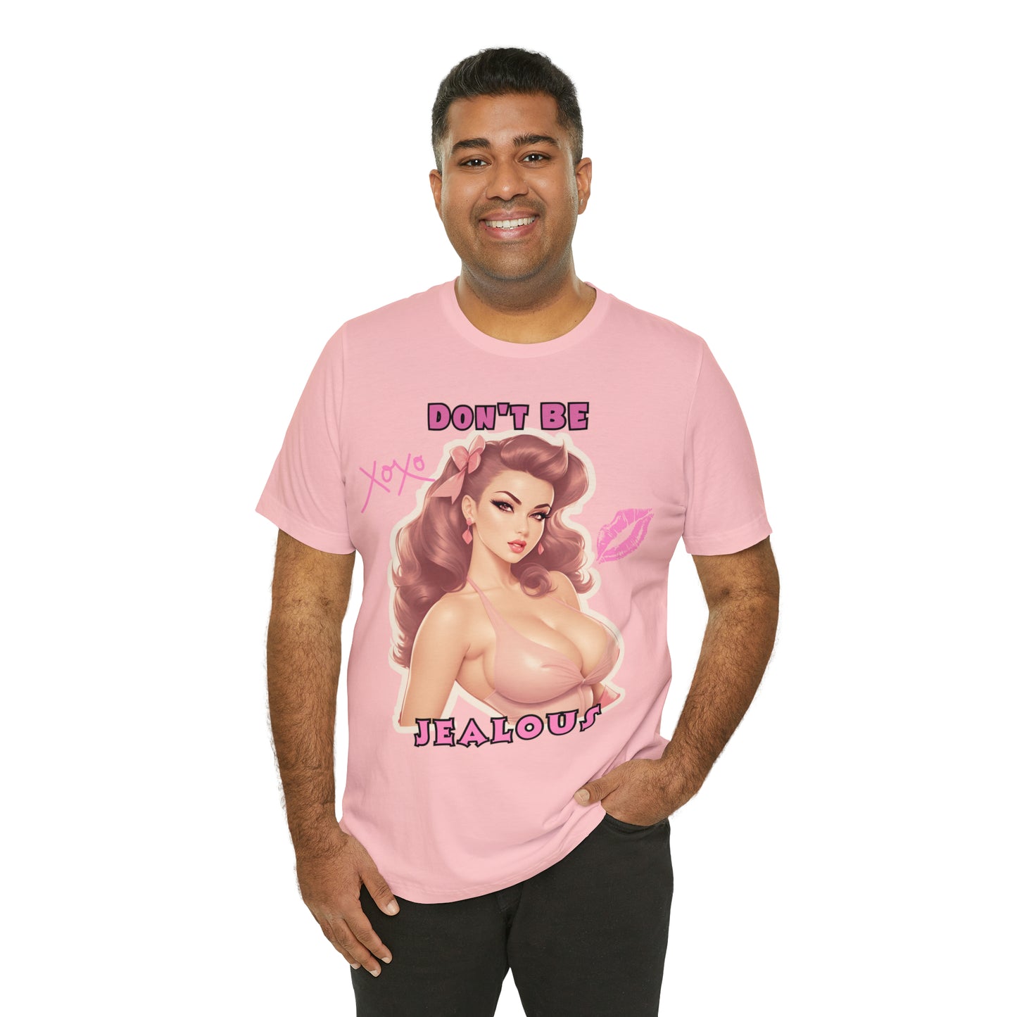 Timeless Elegance: Vintage Pink Pinup Girl "Don't Be Jealous" on a Bella+Canva 3001 Unisex Jersey T-Shirt - A Must-Have Gift for her