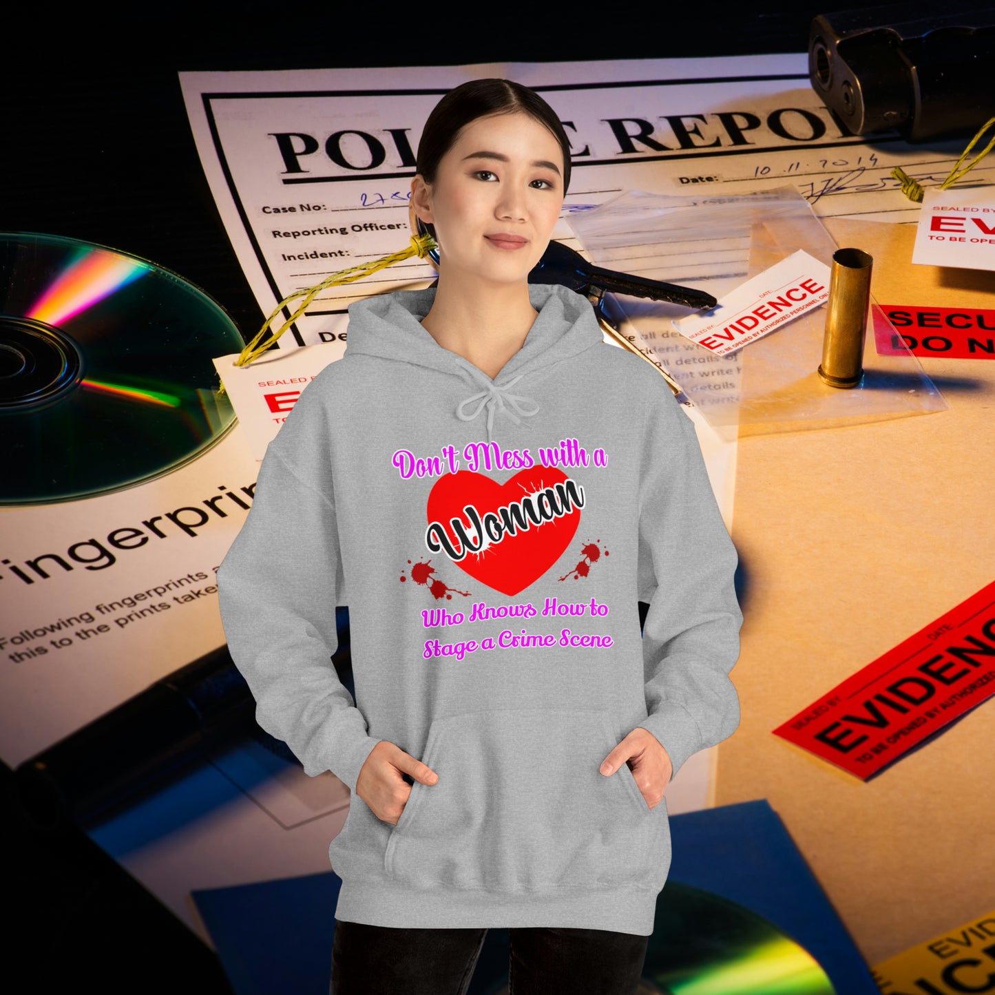 Don't Mess With a Woman who knows how to stage a Crime Scene Unisex Heavy Blend™ Hooded Sweatshirt Gifts for Him Gifts for her