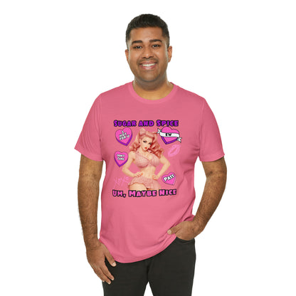 Sarcastic Elegance: Vintage Pink Pinup Girl "Sugar and Spice" on a Bella+Canva 3001 Unisex Jersey T-Shirt - A Must-Have Gift for her