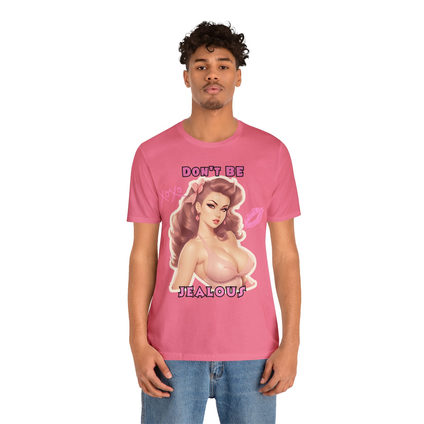 Timeless Elegance: Vintage Pink Pinup Girl "Don't Be Jealous" on a Bella+Canva 3001 Unisex Jersey T-Shirt - A Must-Have Gift for her