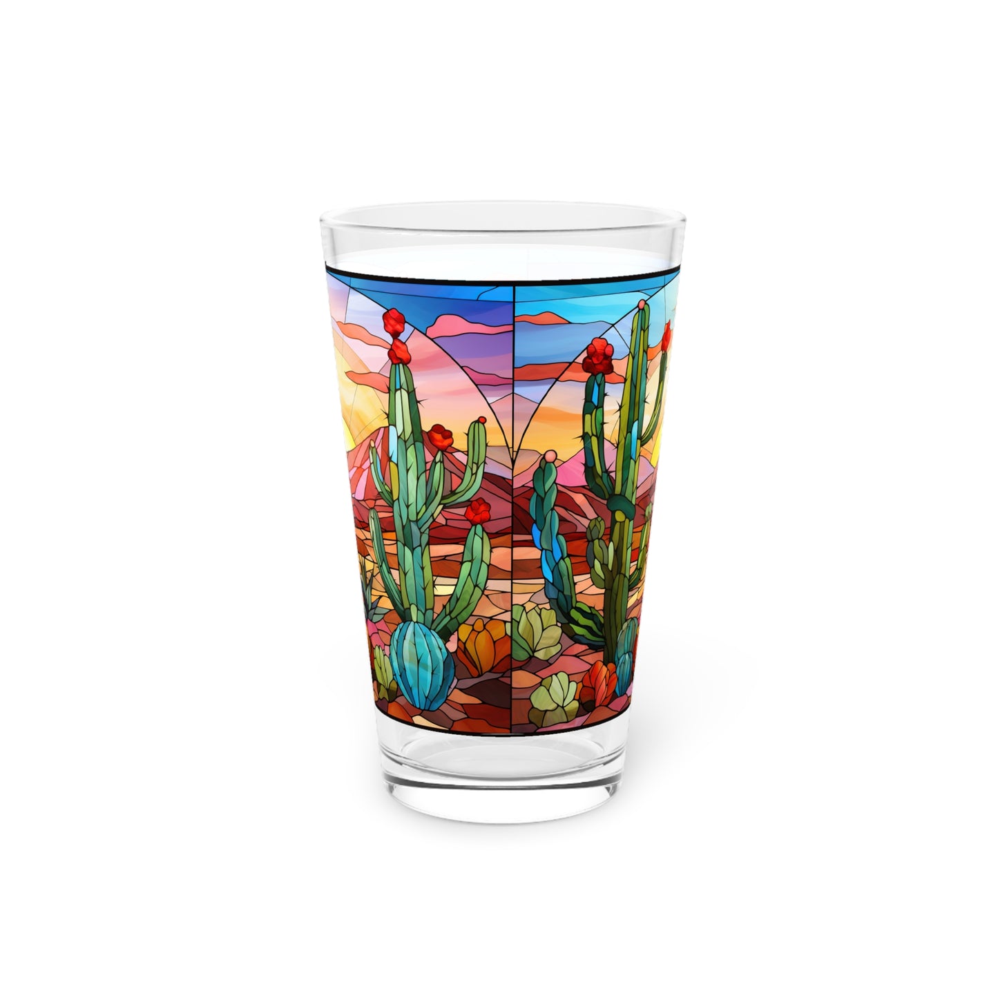 Desert with a Cactus Bloom: A Stained Glass Tribute to Cacti 16oz Pint Glass Gift idea gifts for home decor housewarming gift