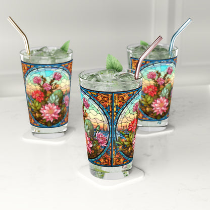 Desert Bloom: A Stained Glass Tribute to Cacti 16oz Pint Glass Gift idea gifts for home decor housewarming gift