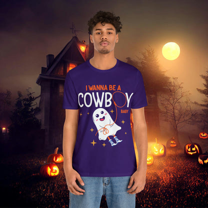Little Ghost Saying I wanna be a cowboy baby Retro Groovy Western Halloween Unisex Jersey Short Sleeve Tee Gifts for Him Gifts for her.