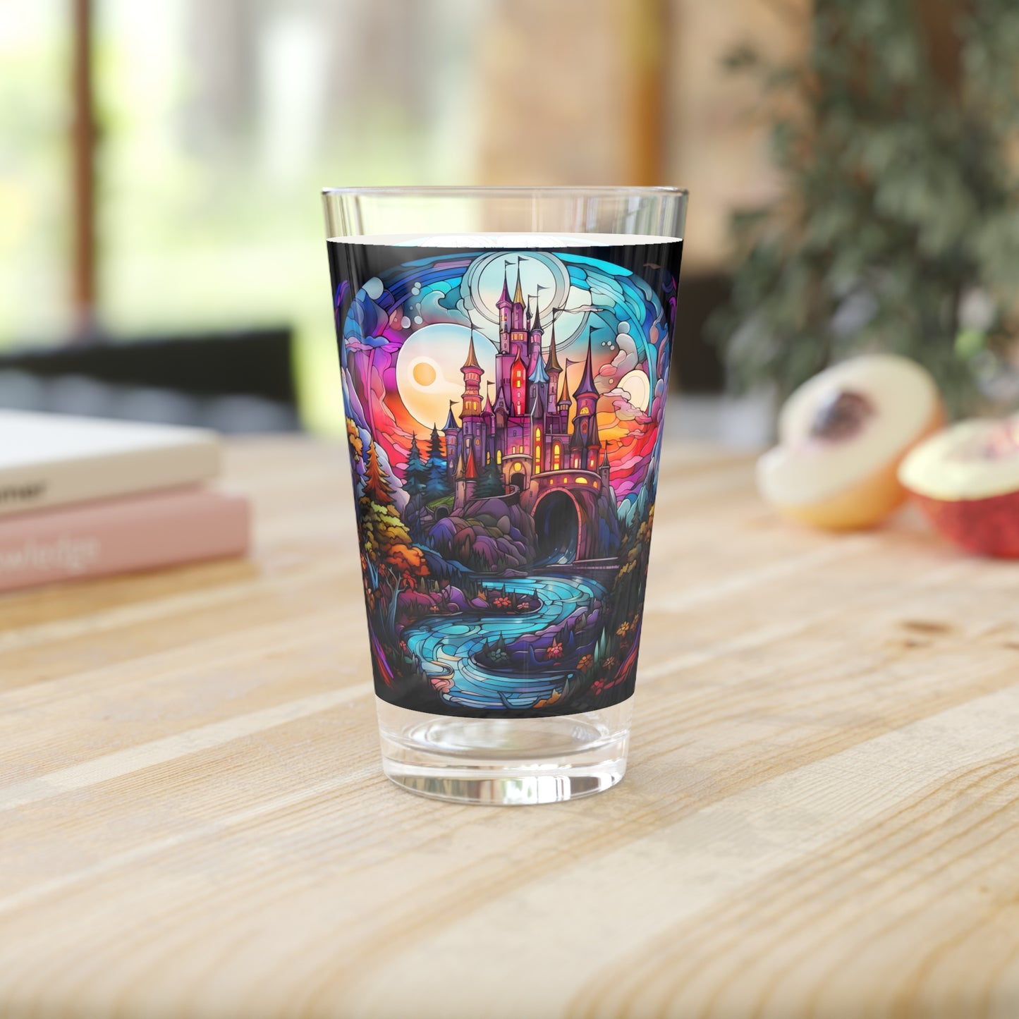 Enchanted Castle by the Creek: A Magical Stained Glass Artwork on a 16oz Pint Glass Gift idea, gifts for home decor, housewarming gift