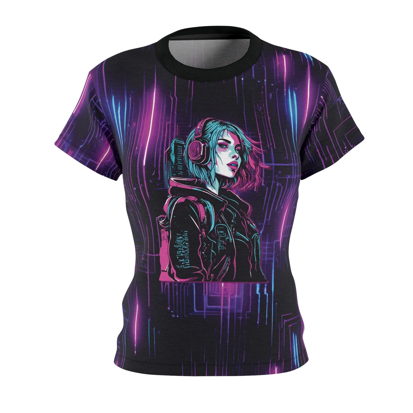 Neon Futuristic Lights Cyberpunk Girl Women's Cut & Sew Tee (AOP)