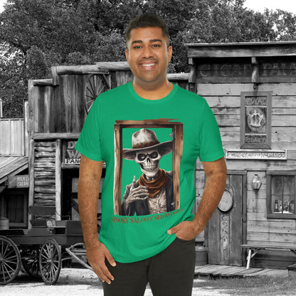 Spooky Saloon Showdown Gunslinging Skeleton Cowboy Halloween Unisex Jersey Short Sleeve Tee