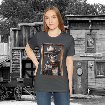Spooky Saloon Showdown Gunslinging Skeleton Cowboy Halloween Unisex Jersey Short Sleeve Tee