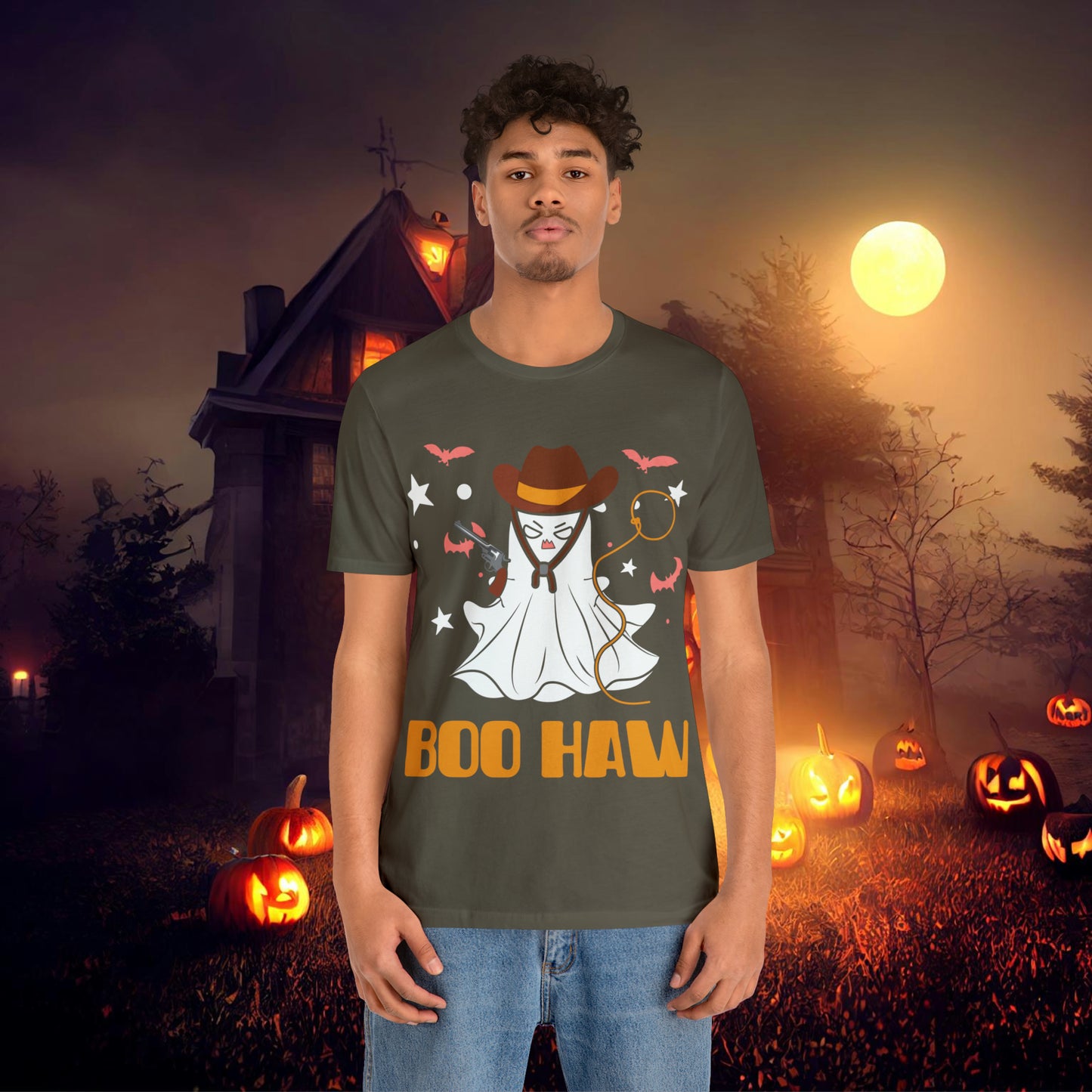 Ghost Cowboy Gunslinger saying Boo Haw Retro Western Halloween Unisex Jersey Short Sleeve Tee Gifts for Her Gifts for Him