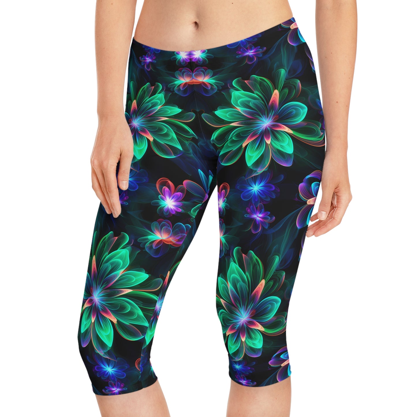 Women's Capri Leggings with Green Neon Flower Pattern - AOP Fitness & Yoga Leggings