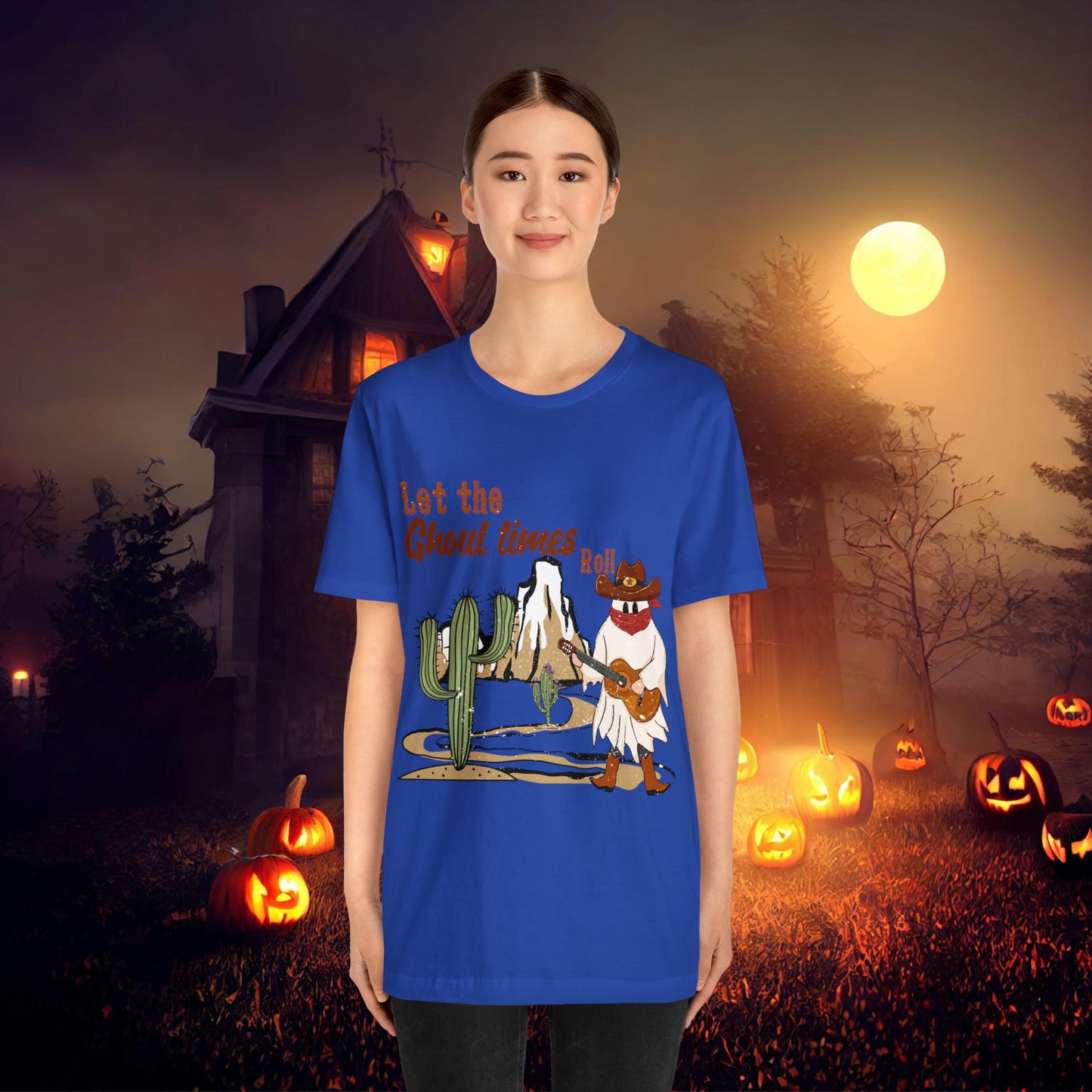 Cowboy Ghost playing the Guitar singing Let the Ghoul times roll Halloween Unisex Jersey Short Sleeve Tee Gifts for him Gifts for Her