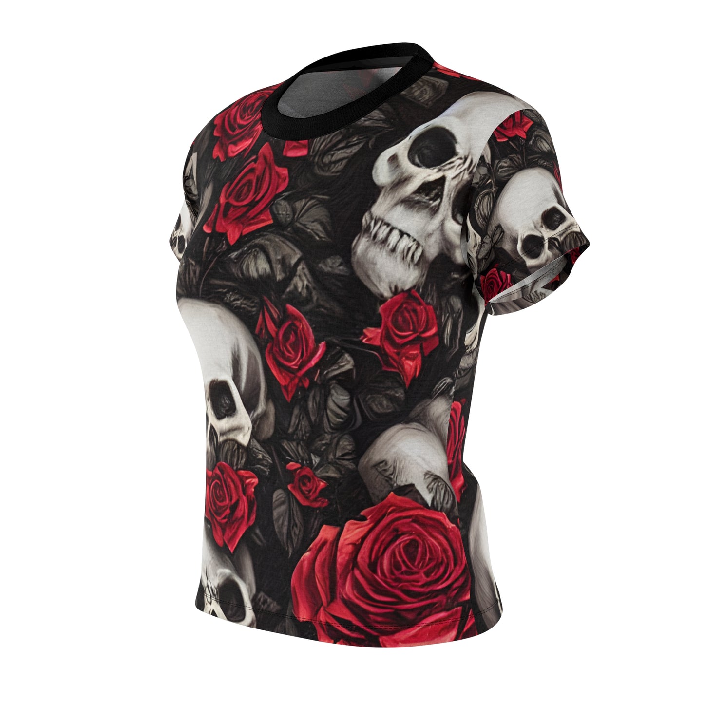 Hyper Realistic Skulls and Red Roses by artist Anne-Laure Goupil Women's Cut & Sew Tee (AOP)