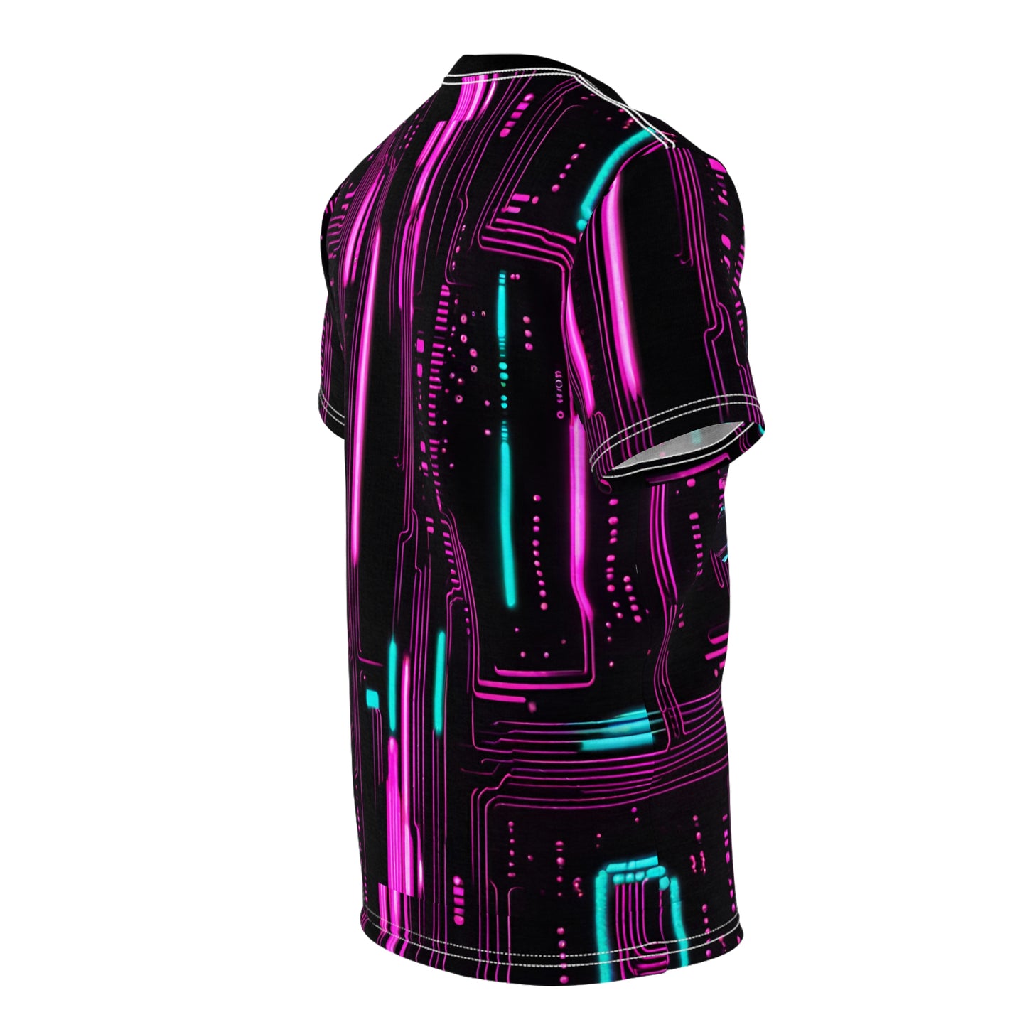 Cyberpunk Girl Unisex AOP Tee - Neon Lights & 3D Circuit Board Design