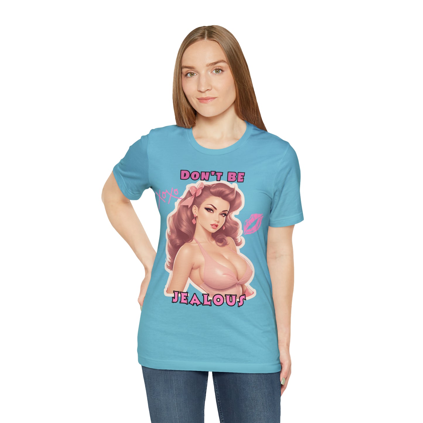 Timeless Elegance: Vintage Pink Pinup Girl "Don't Be Jealous" on a Bella+Canva 3001 Unisex Jersey T-Shirt - A Must-Have Gift for her