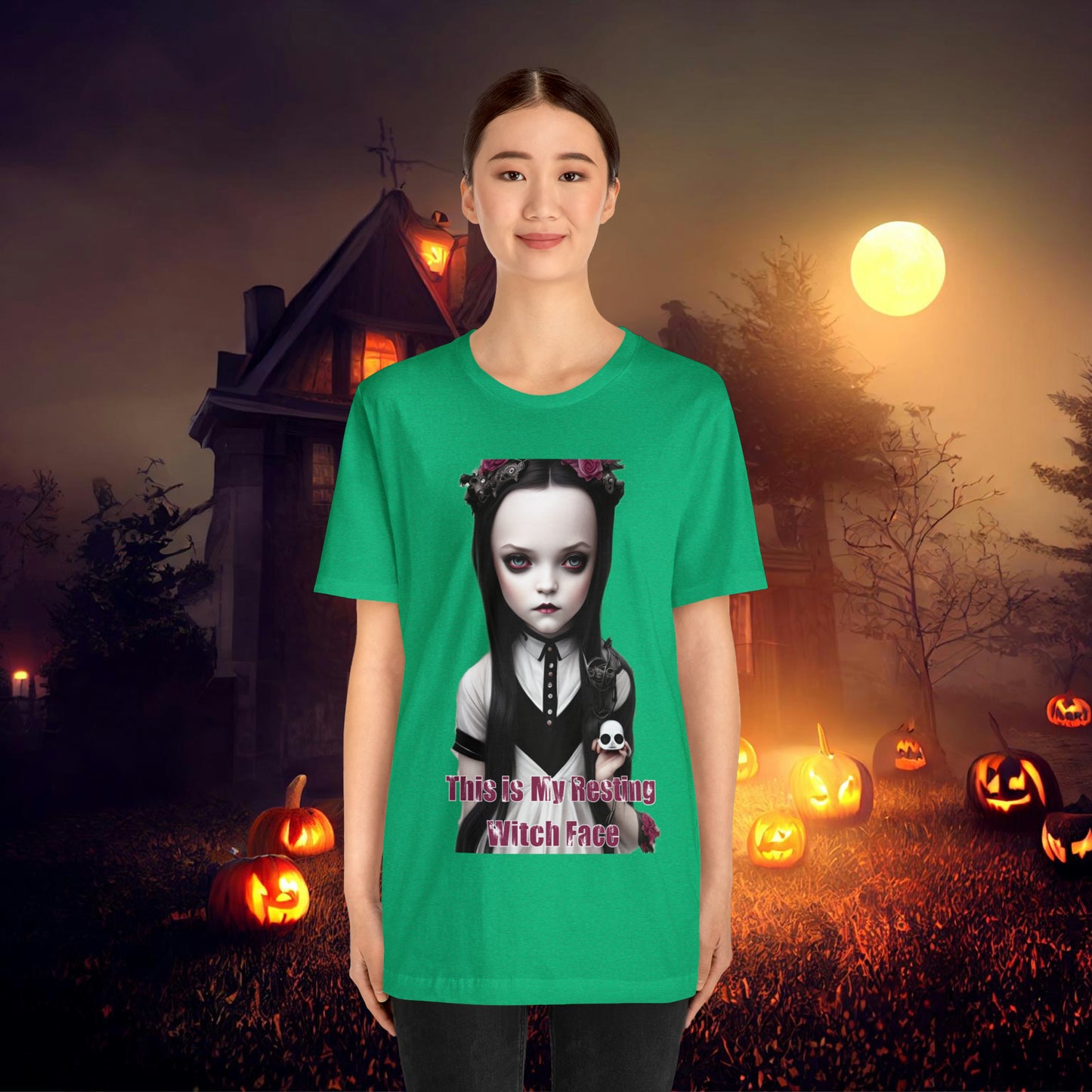 Wednesday Addams Chibi by Charlie Bowater This Is my Resting Witch Face Halloween Unisex Jersey Short Sleeve Tee