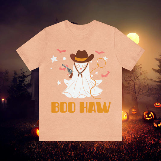 Ghost Cowboy Gunslinger saying Boo Haw Retro Western Halloween Unisex Jersey Short Sleeve Tee Gifts for Her Gifts for Him