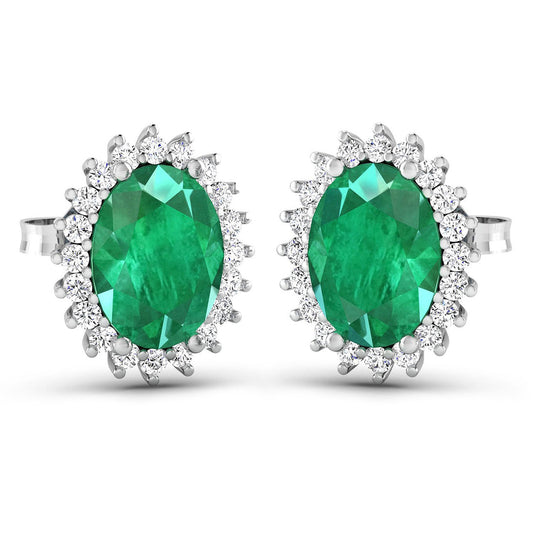 2.66 Carat Genuine Zambian Emerald and White Diamond 14K White Gold Earrings