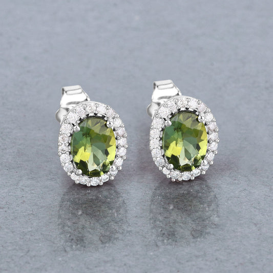 1.92 Carat Genuine Green Tourmaline and White Diamond 14K White Gold Earrings