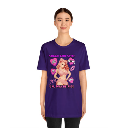 Sarcastic Elegance: Vintage Pink Pinup Girl "Sugar and Spice" on a Bella+Canva 3001 Unisex Jersey T-Shirt - A Must-Have Gift for her