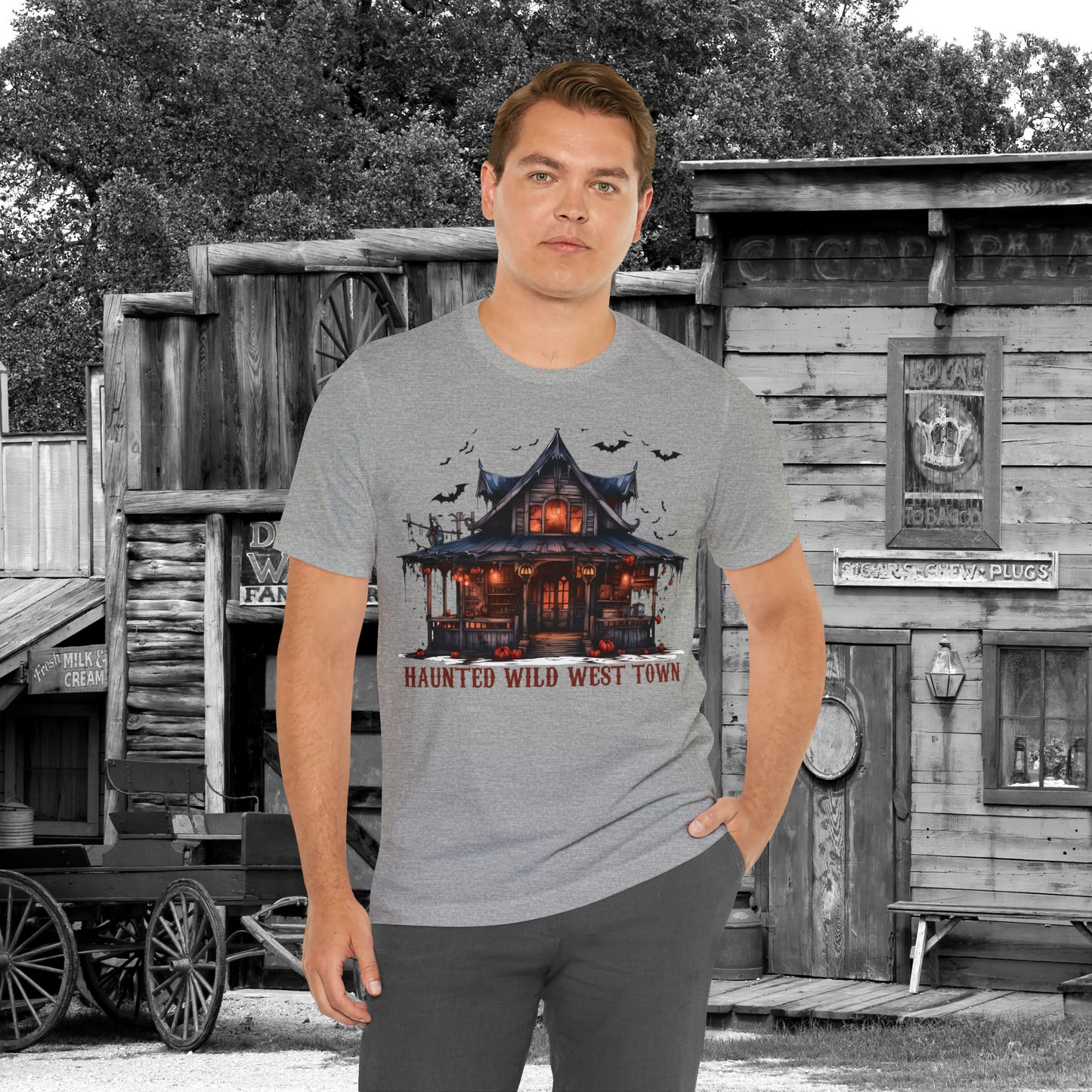 Haunted Wild West Town Halloween Western Unisex Jersey Short Sleeve Tee Gifts for Him Gifts For Her