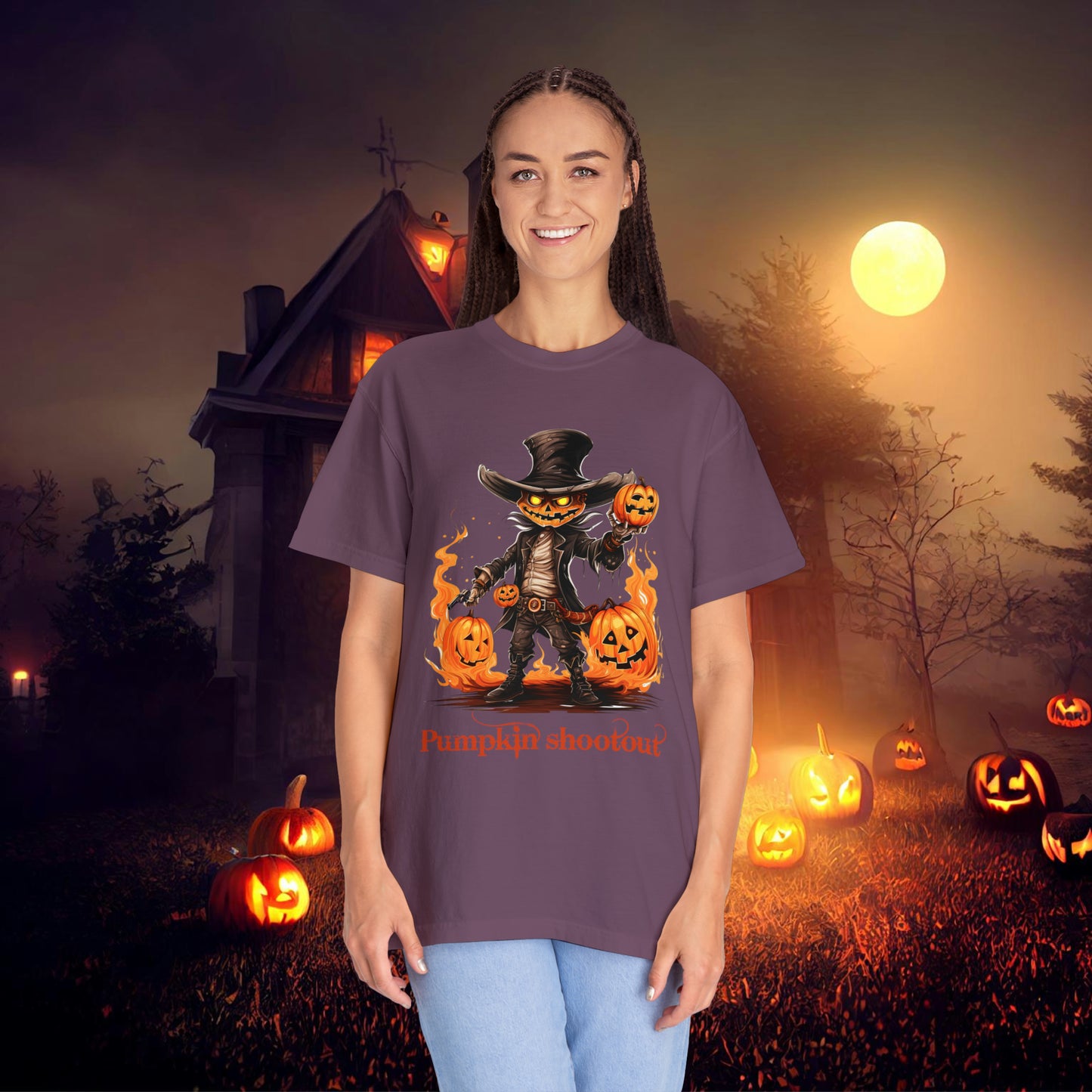 Cowboy Skeleton Gunslinger Pumpkin Shoot Out Halloween Unisex Garment-Dyed T-shirt Gifts for her Gifts for him