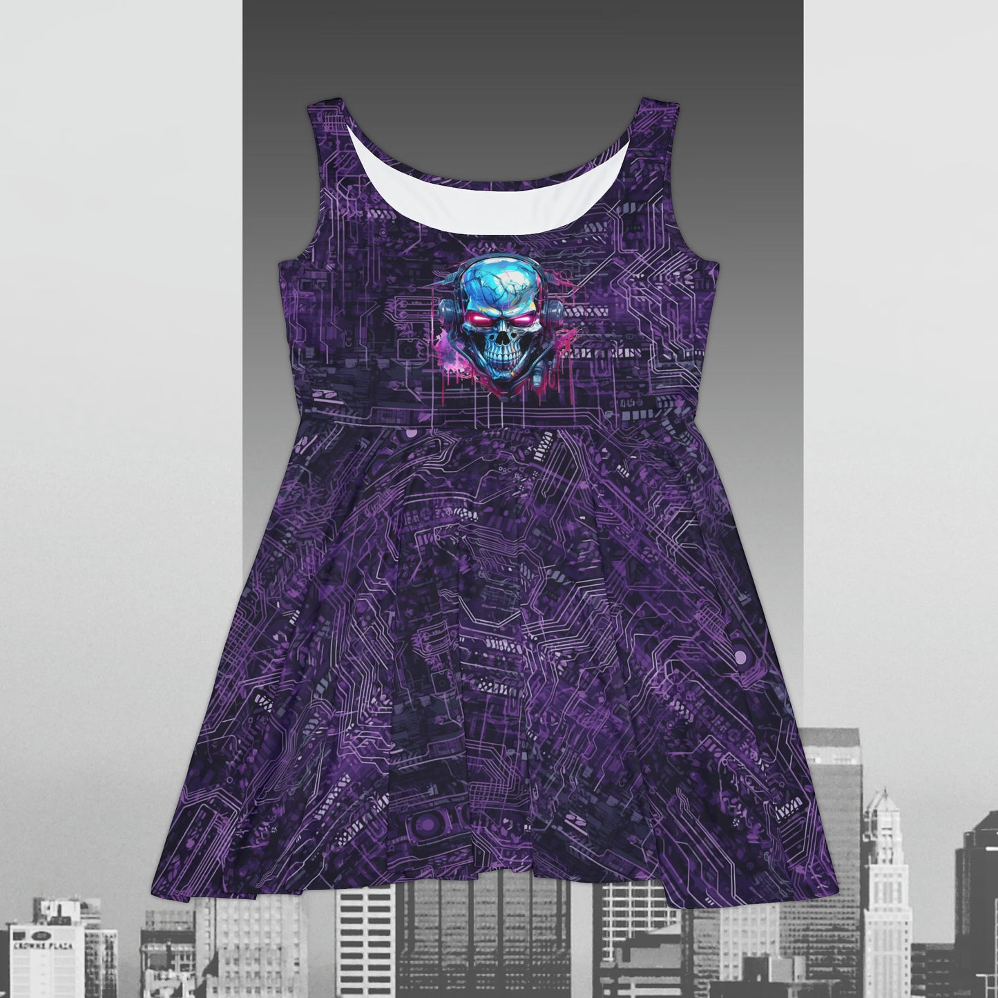 CyberPunk Cybernetic Skull breaking through a Purple Neon Circuit Board Women's Skater Dress (AOP)