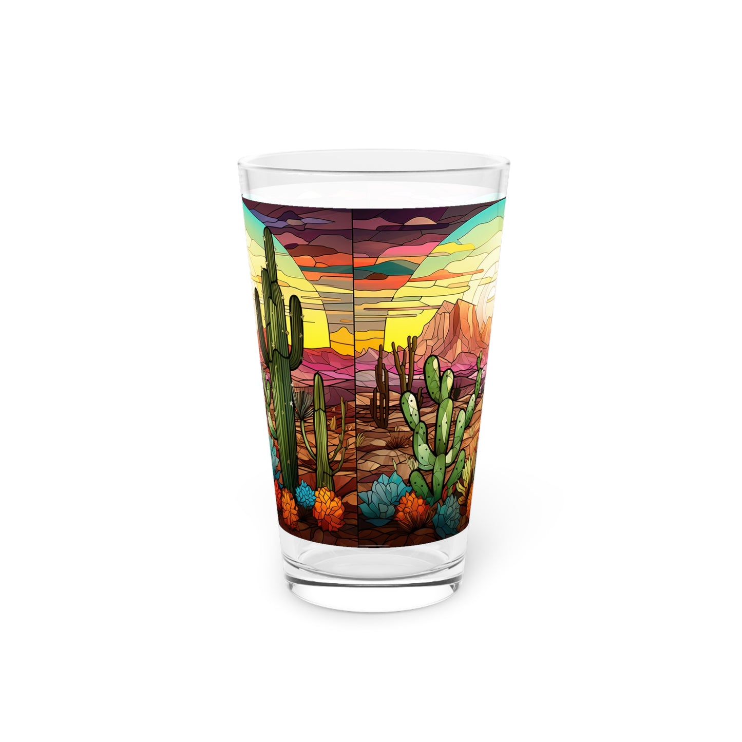 Desert Cactus Bloom: A Stained Glass Tribute to Cacti 16oz Pint Glass Gift idea gifts for home decor housewarming gift