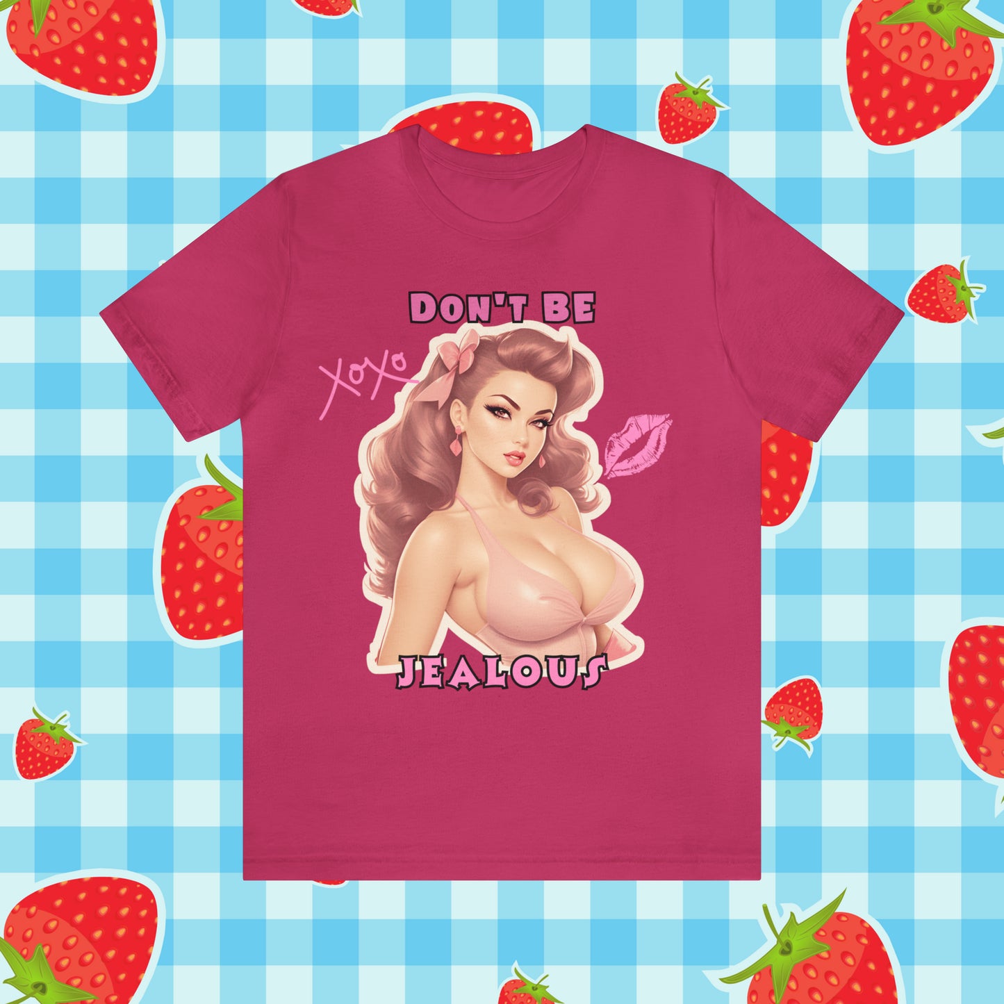 Timeless Elegance: Vintage Pink Pinup Girl "Don't Be Jealous" on a Bella+Canva 3001 Unisex Jersey T-Shirt - A Must-Have Gift for her