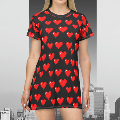 8-bit Heart in Black T-Shirt Dress (AOP)